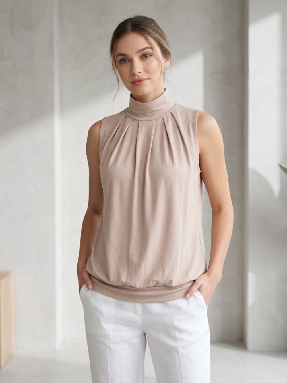 Zenana Pleated Top L Beige Sleeveless Blouson Mock Office Siren Minimalist Y2K